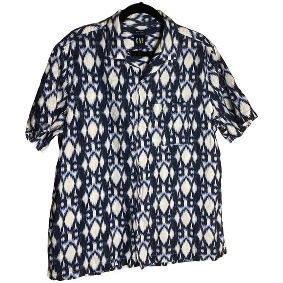 GAP Men's Blue & White IKAT Linen Short Sleeve Button Down Shirt Sz Large - Picture 3 of 12